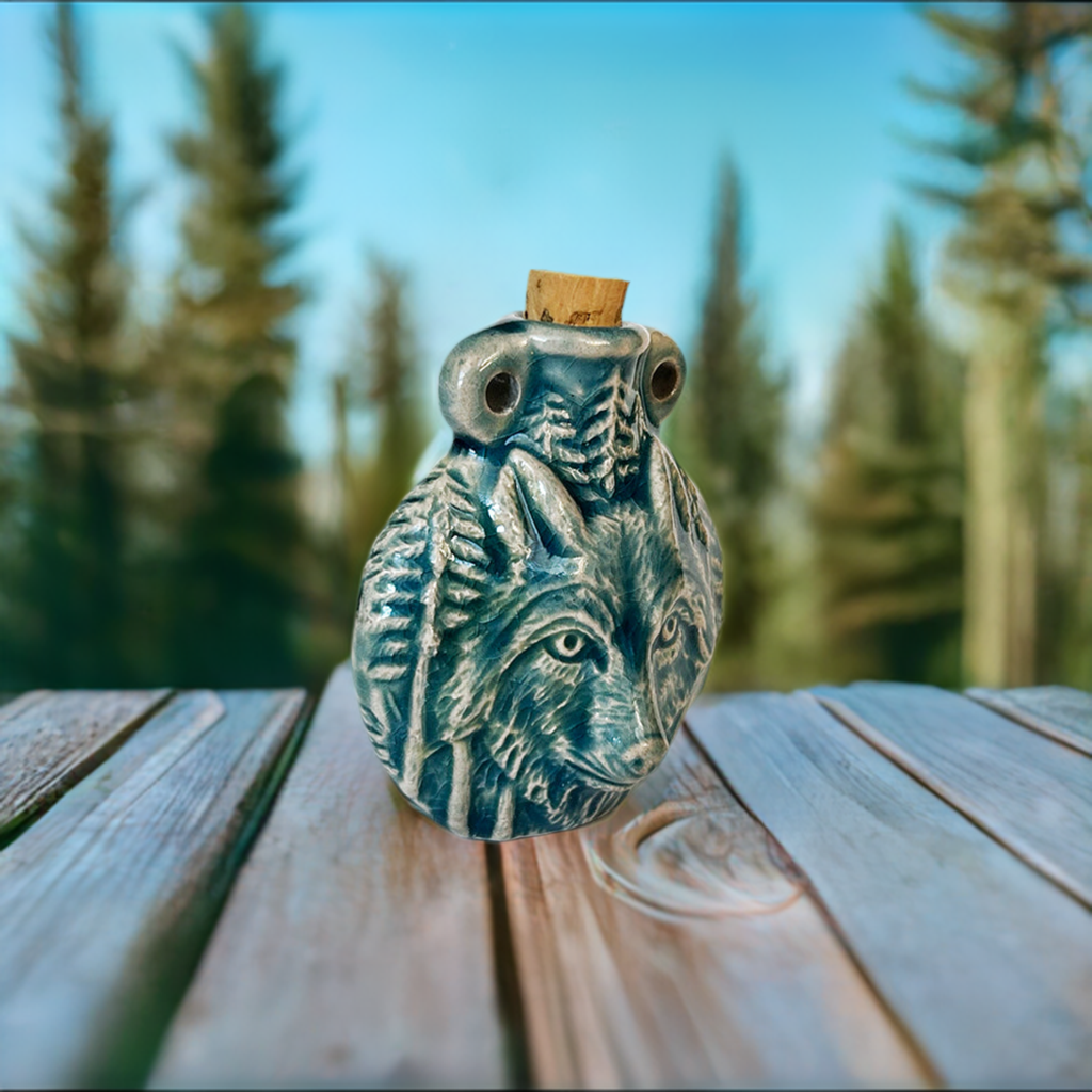 Wolf Raku Ceramic Bottle